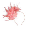 Diadème à plumes roses et accents floraux.