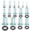 A set of glass ear stretching kits including various sized plugs and rings for ear tunnels