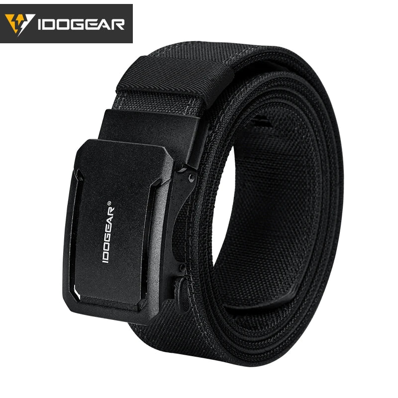 Black tactical nylon belt with a quick-adjust ratchet buckle shown from the side.