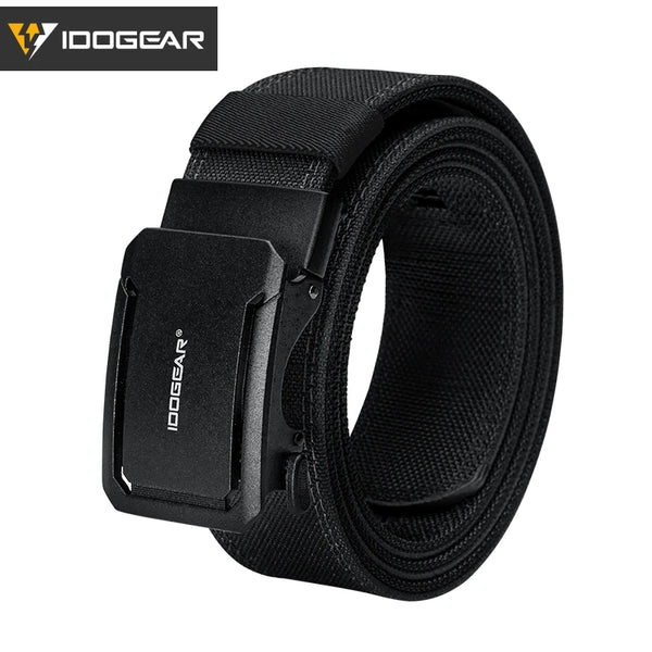 Black tactical nylon belt with a quick-adjust ratchet buckle shown from the side.