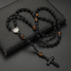Black obsidian and tiger's eye beads on a string with a cross pendant necklace for men