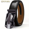 Black genuine leather ratchet belt for men with a silver buckle shown on a white background