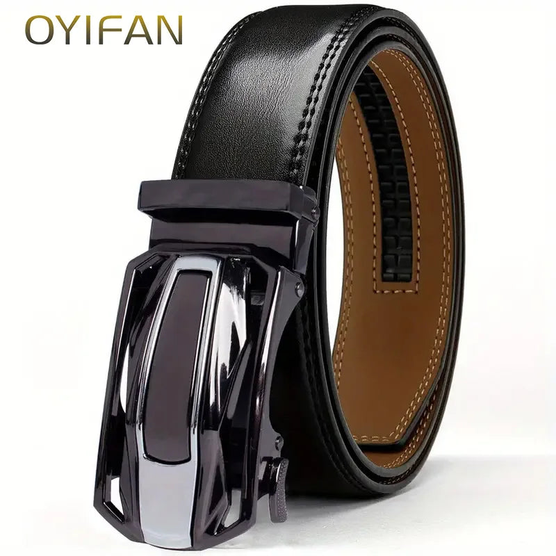 Black genuine leather ratchet belt for men with a silver buckle shown on a white background