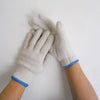 A pair of light gray cotton thread work gloves are shown against a white background.