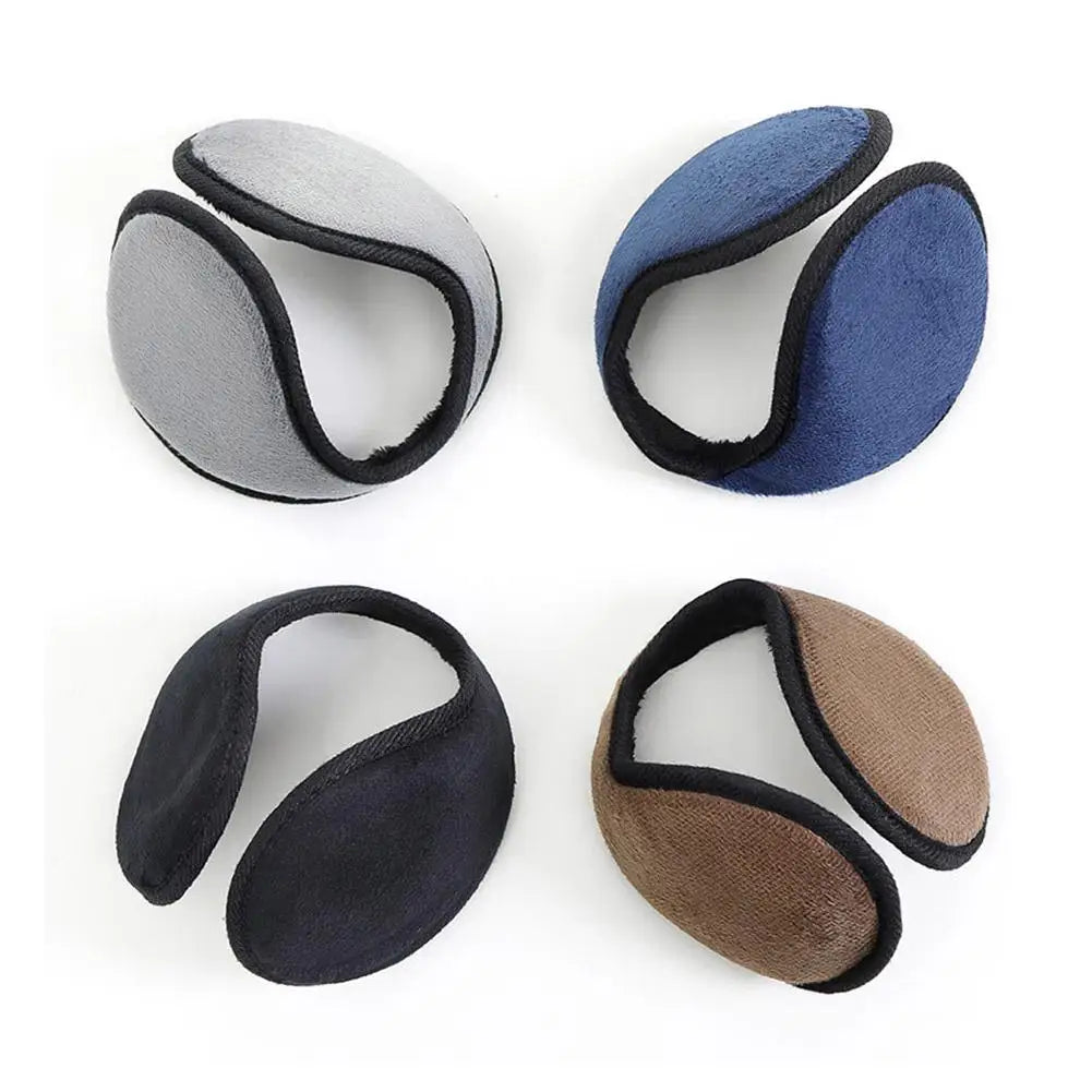 Four plush winter earmuffs in shades of gray, blue, black, and brown displayed individually.