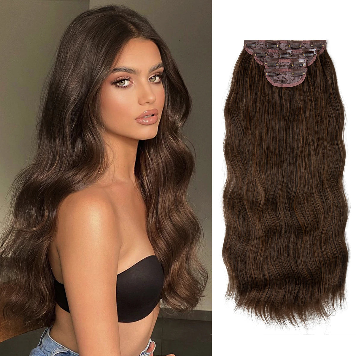 Primer plano de una mujer modelando extensiones de cabello ondulado de clip de 22 pulgadas en color marrón oscuro.
