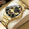 A close-up shot of a gold-toned quartz wristwatch with a black dial and gold accents resting on a light surface.