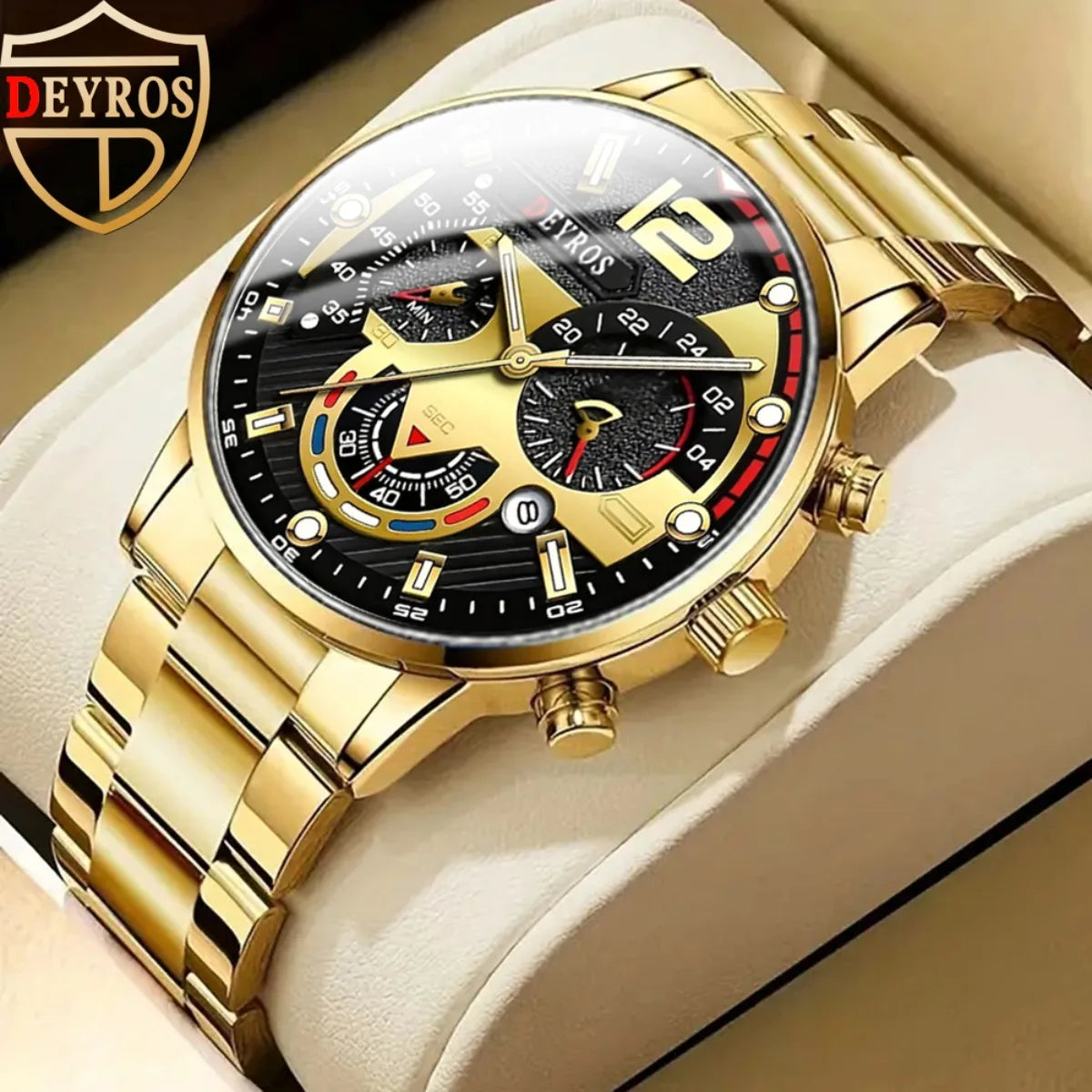 A close-up shot of a gold-toned quartz wristwatch with a black dial and gold accents resting on a light surface.