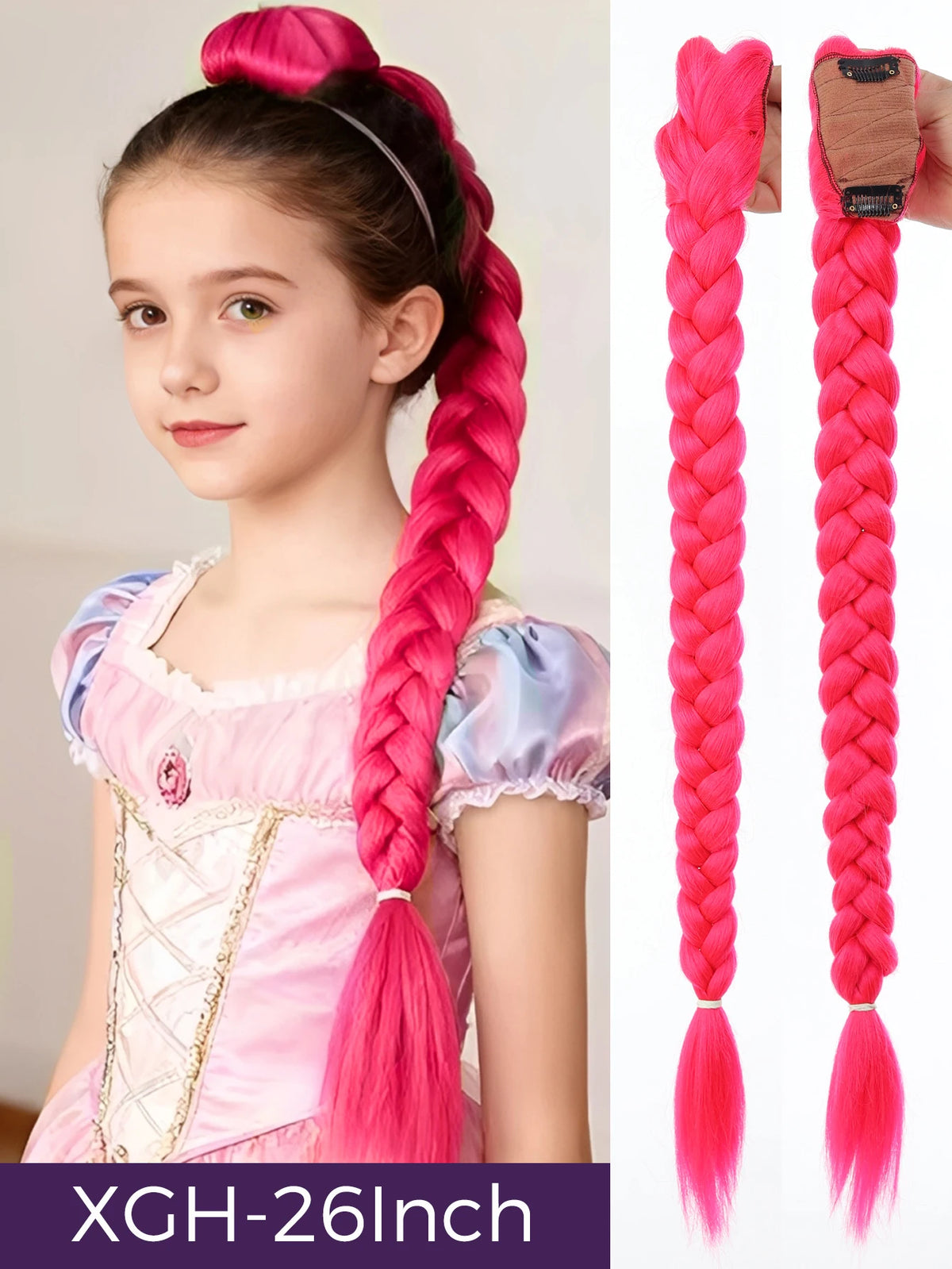 A young girl shows off a vibrant pink braided hair ponytail with tinsel extensions.