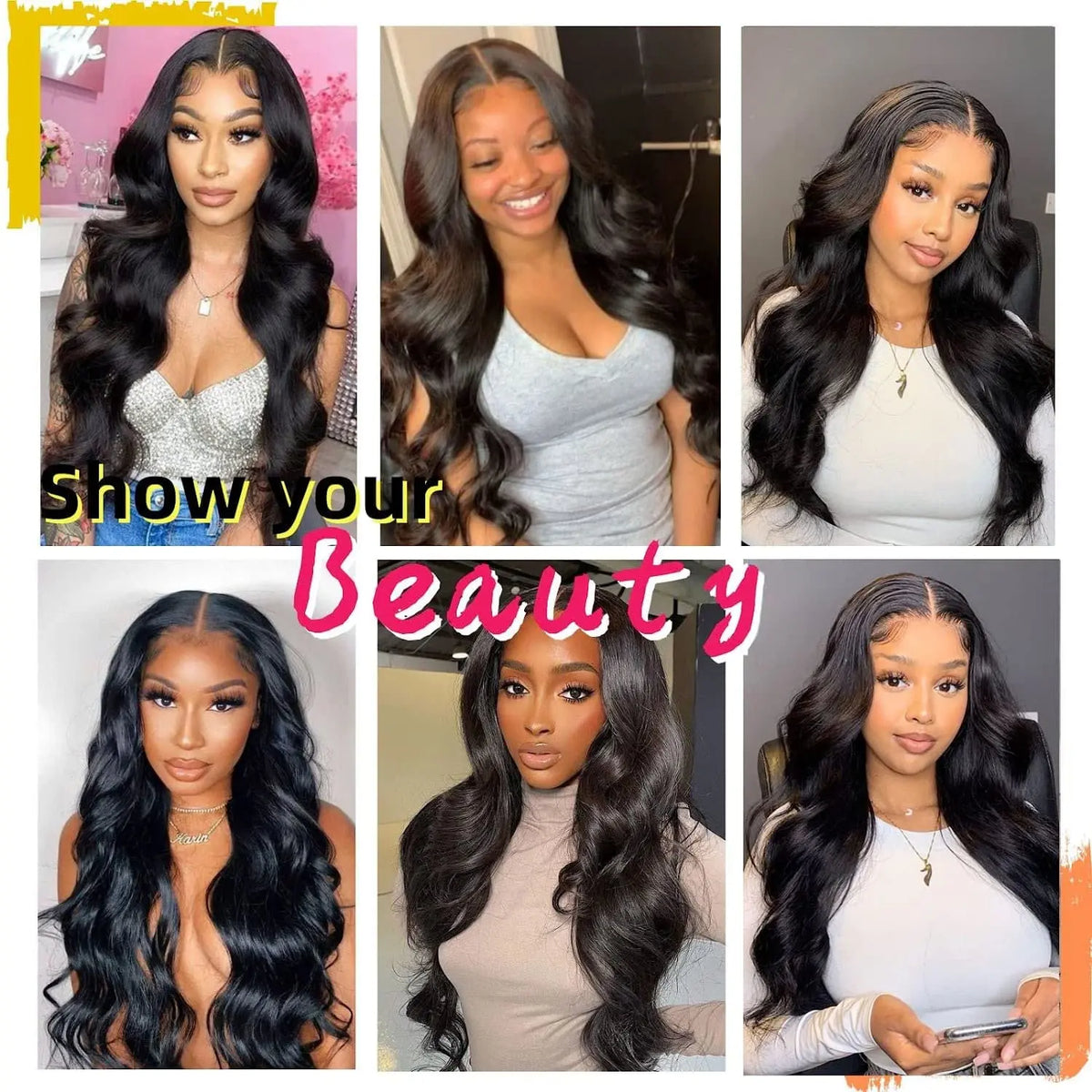 Collage de modelos mostrando extensiones y pelucas de cabello sintético ondulado negro largo.