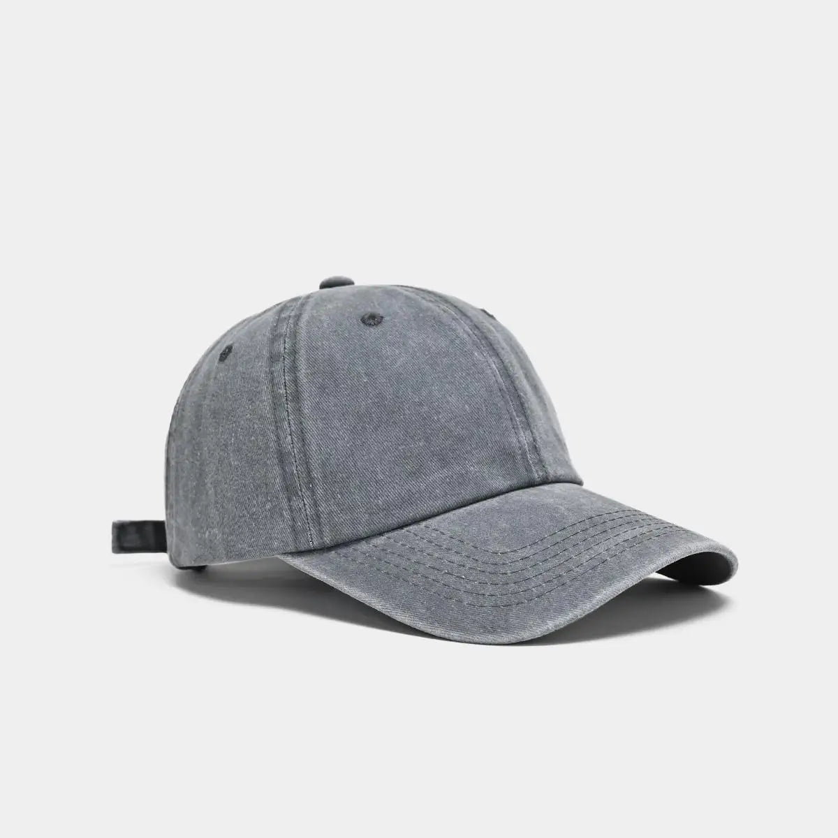 A gray washed cotton snapback cap shown from the front.