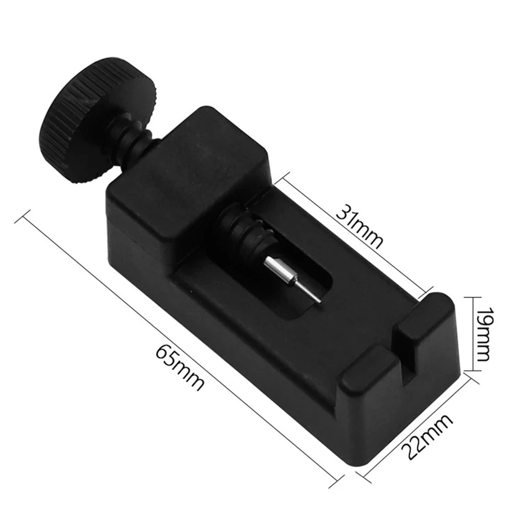 A black precision watch band link pin remover tool with a threaded handle and various sized openings.