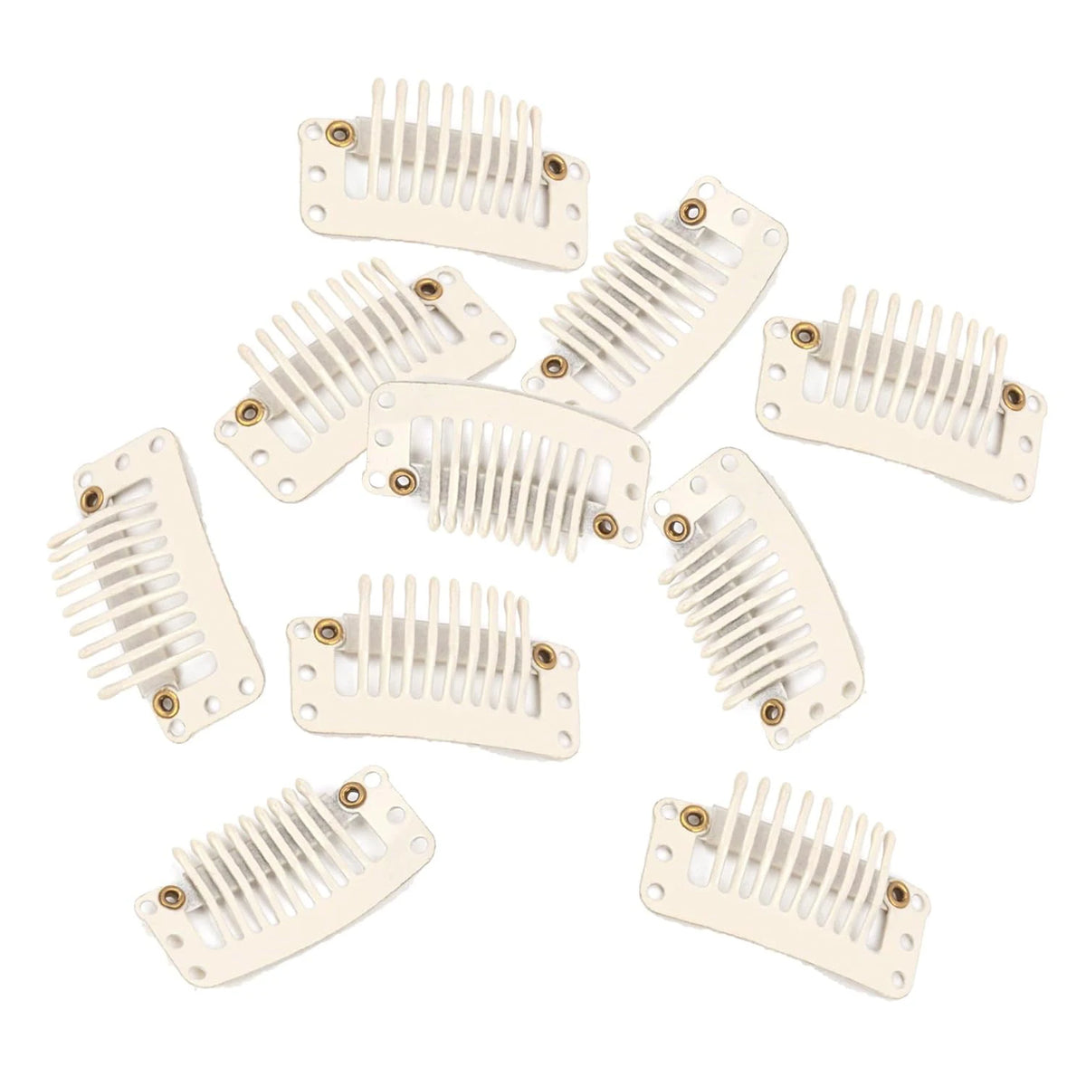 A collection of beige hair extension snap clips for wigs, shown individually.