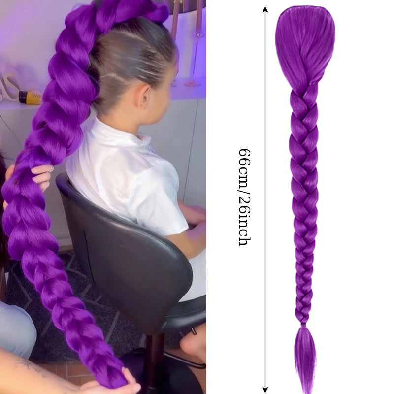 A long purple braided hair extension is shown next to a person's head and a measurement scale.