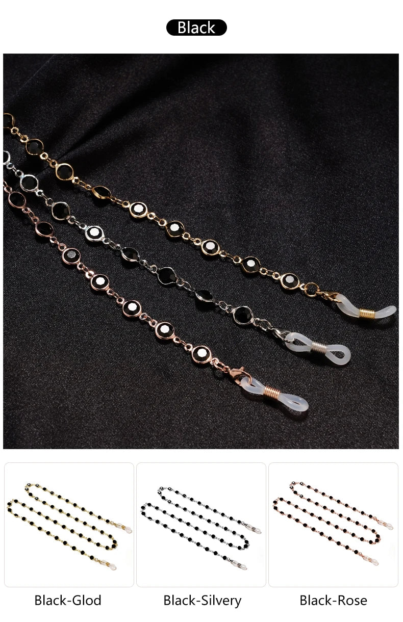 Black pearl gem lanyard chain for sunglasses shown in various finishes including gold, silver, and rose tones