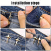 Installation steps showing how to attach star-shaped decorative waist buckle buttons onto denim fabric.