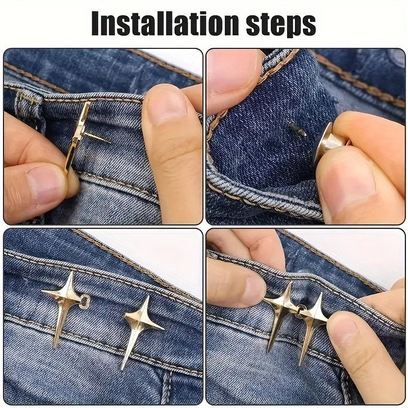Installation steps showing how to attach star-shaped decorative waist buckle buttons onto denim fabric.