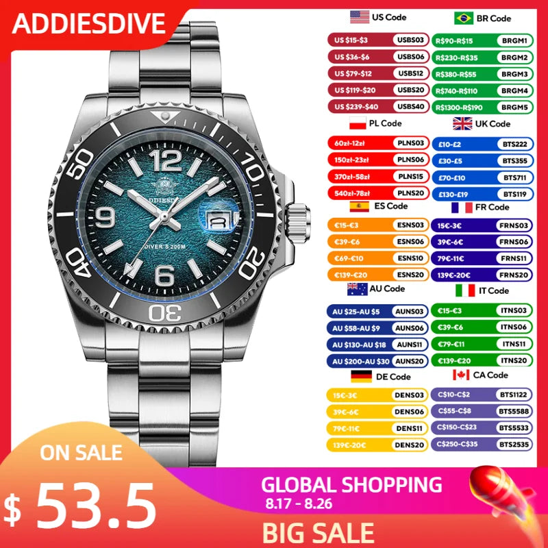 Silver diving quartz wristwatch with a dark blue dial and luminous hands on a black background.