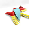 A red and blue elegant winged pony keychain featuring leather wings and yellow fringe.