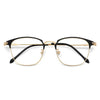 A pair of thin, gold-rimmed eyeglasses with black frames and clear lenses.