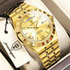 A gold-toned men's watch with a leather strap and a silver-toned case is displayed in a box.
