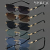 A collection of five pairs of retro square frameless sunglasses in various shades of dark and blue lenses.