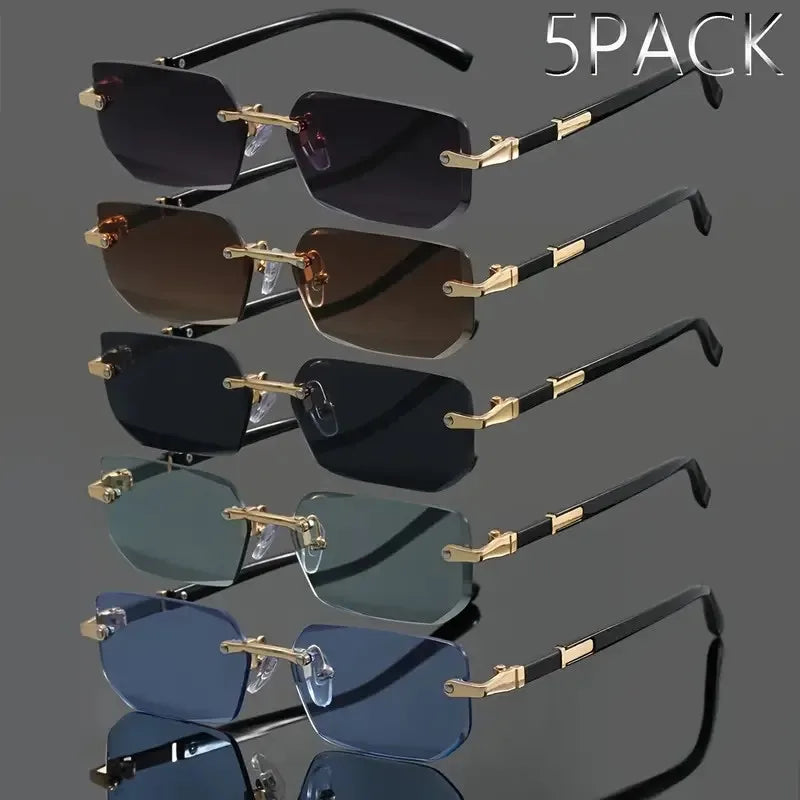 A collection of five pairs of retro square frameless sunglasses in various shades of dark and blue lenses.