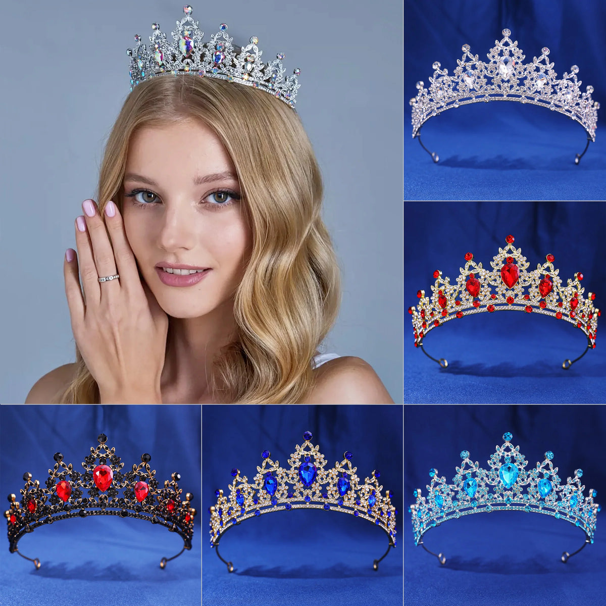 A set of elegant crystal rhinestone tiaras and headbands shown in various colors and angles.