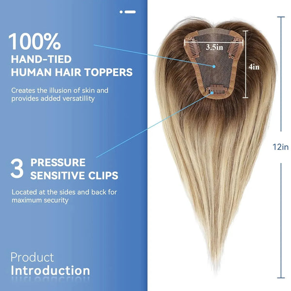 A light brown blonde ombre lace base hair topper is shown on a model's hair, highlighting its features and dimensions.