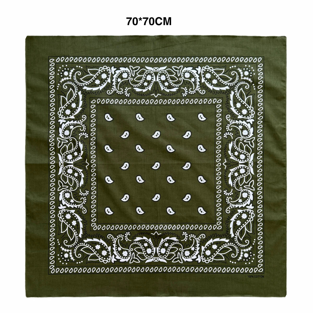 A dark olive green square scarf featuring an intricate white paisley print on a neutral background.