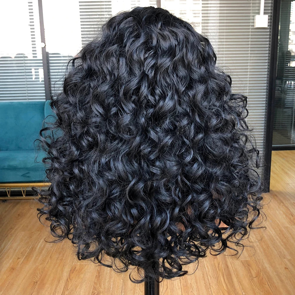 A dark black curly wave wig with bangs displayed on a mannequin.