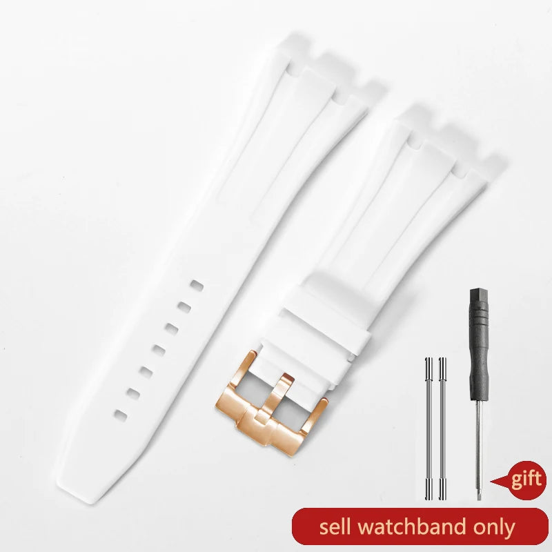 White silicone watch band with a metal buckle and a separate pin for replacement