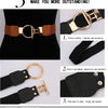 Three views of a black leather belt with gold buckles and a black elastic waistband.