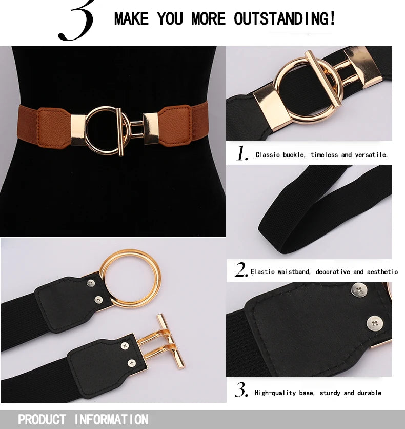 Three views of a black leather belt with gold buckles and a black elastic waistband.