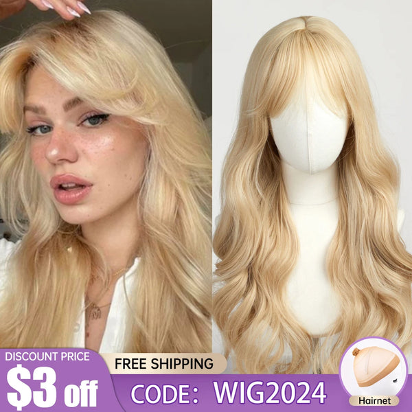 A model shows off a long blonde wavy wig with bangs, next to a display of the same golden wig.