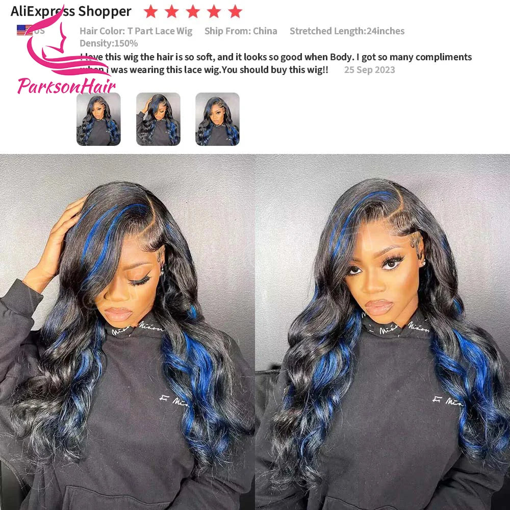 Primer plano de una mujer usando una peluca de encaje con cabello liso brasileño largo y reflejos azul oscuro.