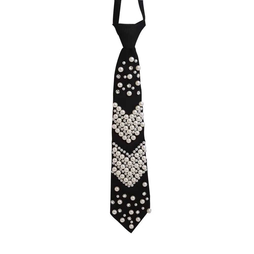 Elegant black tie adorned with sparkling white pearls and rhinestones