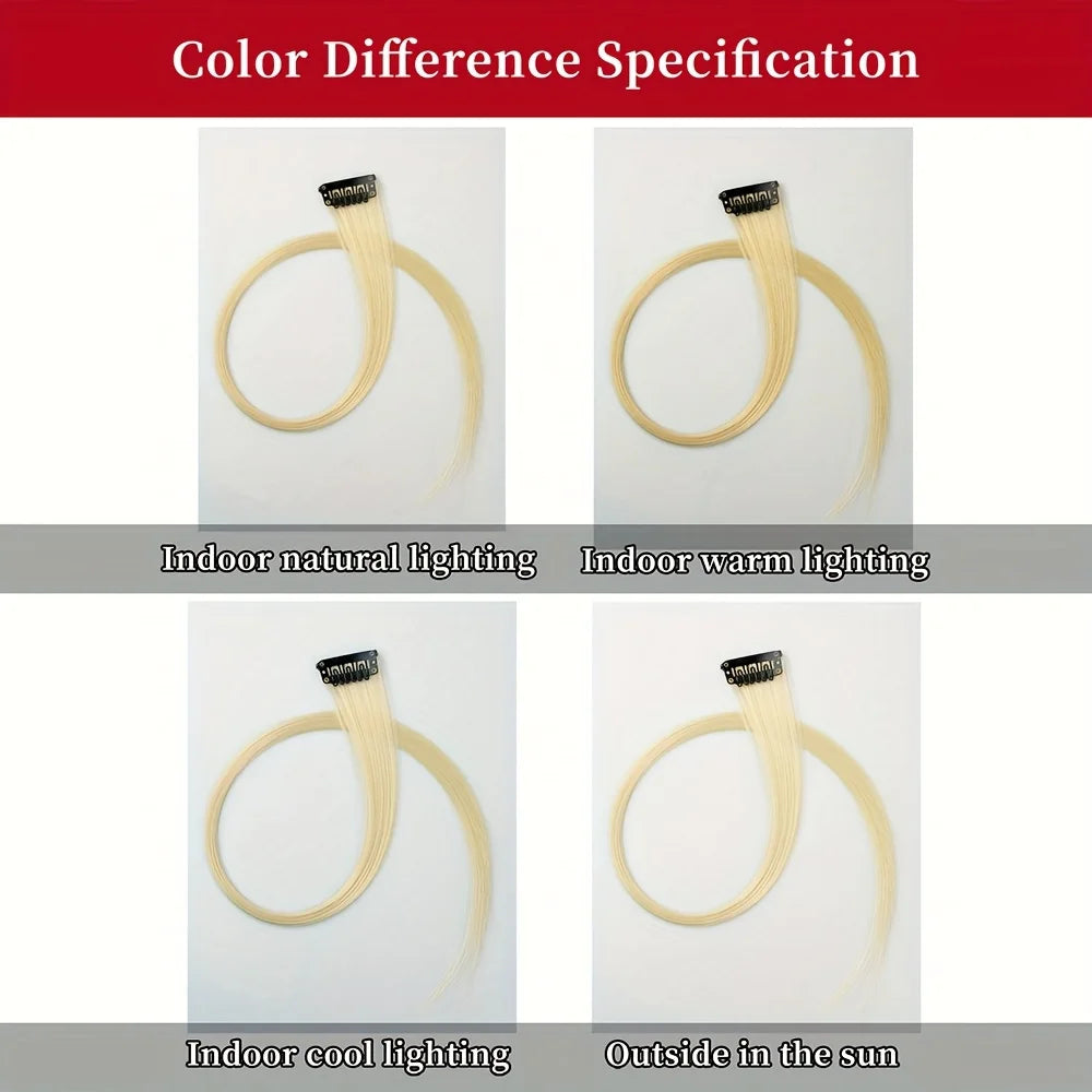 Comparison of 5-piece clip-in hair extensions under different lighting conditions.