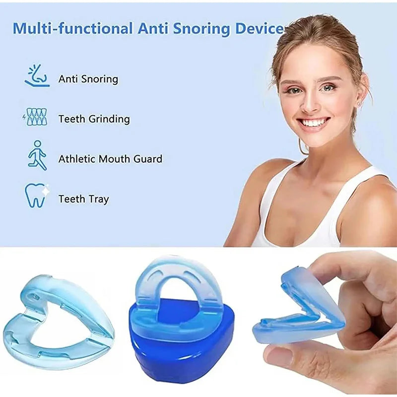A set of blue dental appliances including an anti-snoring device, a teeth grinding guard, an athletic mouth guard, and a teet