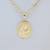 A gold-plated pendant necklace featuring a depiction of the Virgin Mary and Christ.