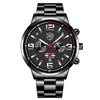 A close-up view of a black and silver men's stainless steel quartz watch with a rotating calendar display.