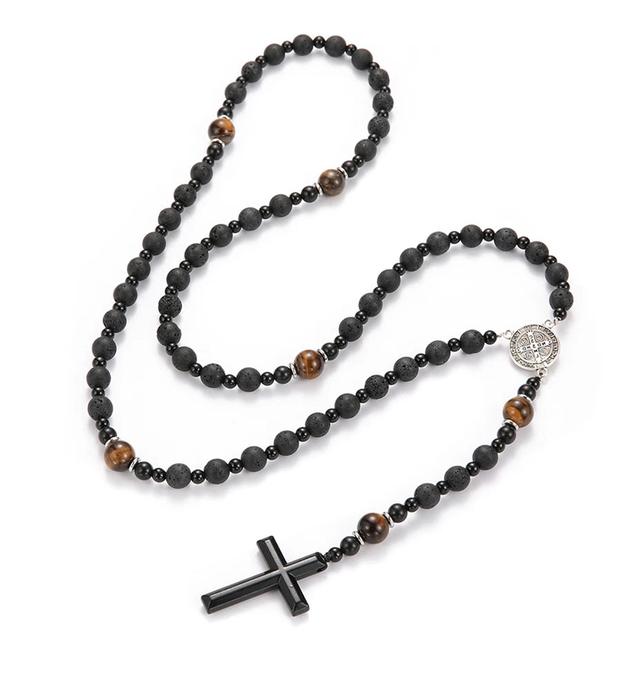 A necklace featuring black obsidian and tiger's eye beads arranged in a cross pendant design.
