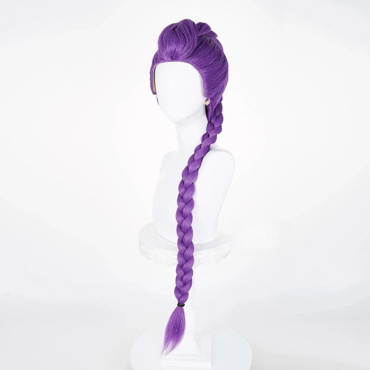 A purple braided wig is displayed on a mannequin.