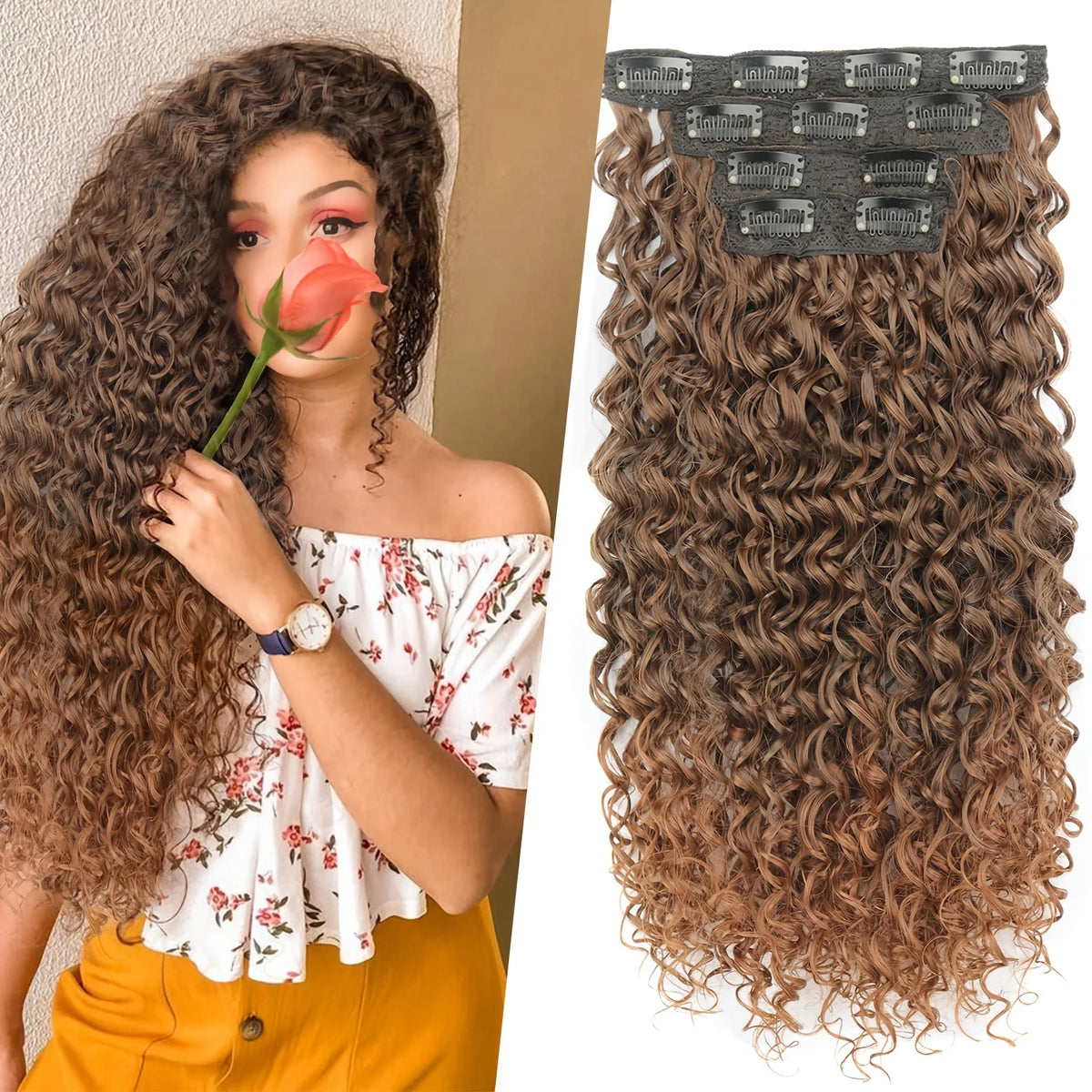 Eine Frau präsentiert lange, braune lockige Haare mit Clip-in-Verlängerungen oben eingeklemmt.