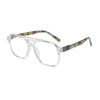 Gafas de lectura con montura clara y brazos estampados multicolores