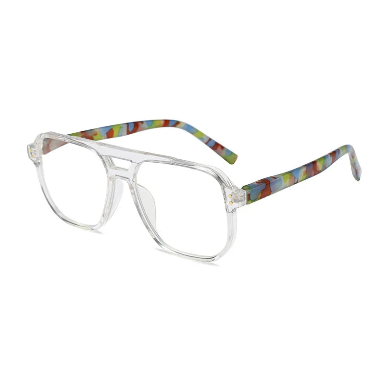 Gafas de lectura con montura clara y brazos estampados multicolores