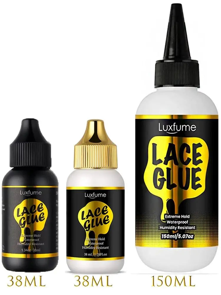 Drei Flaschen Luxfume Lace Glue Gel in 38ml und 150ml Größen
