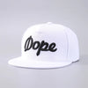 A white baseball cap featuring the word Dope printed in black script on the front.