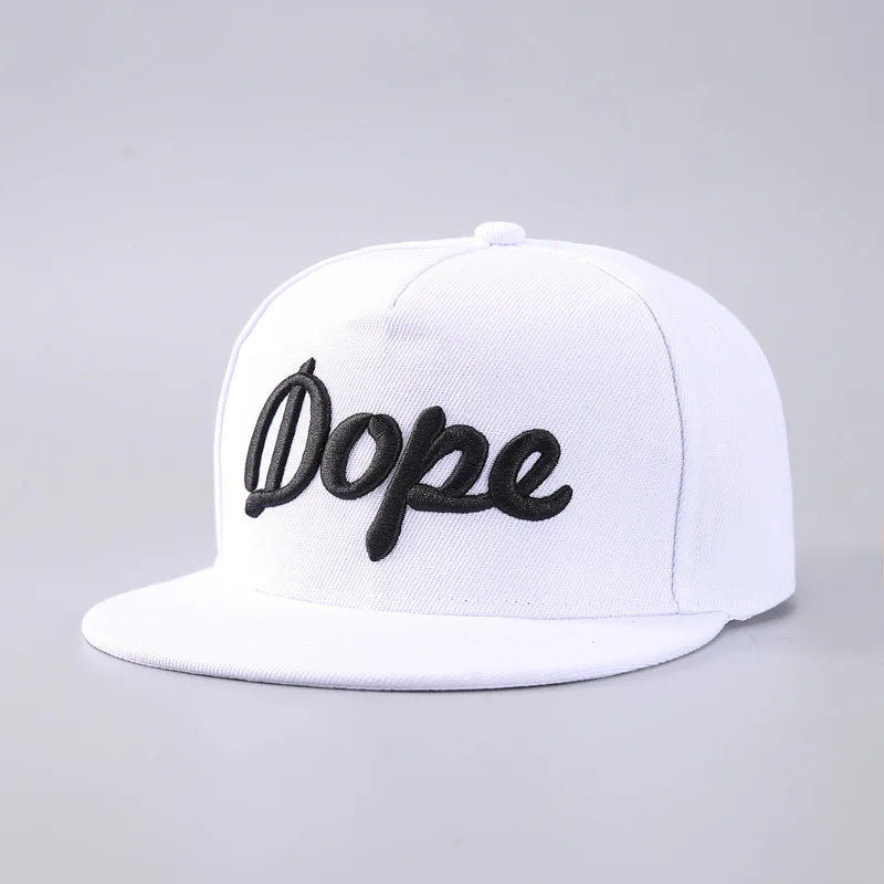 A white baseball cap featuring the word Dope printed in black script on the front.