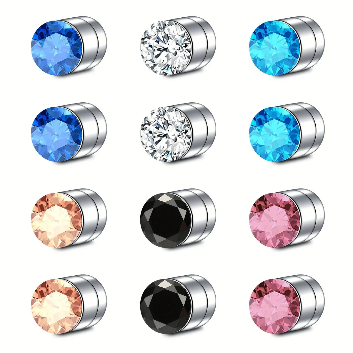 A set of magnetic nose stud earrings made of stainless steel with cubic zirconia stones in various colors and shapes.